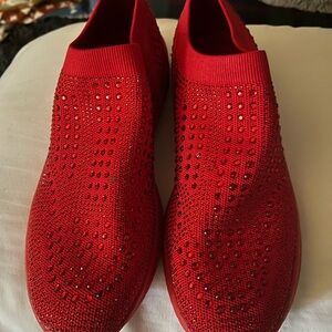 Women’s Red Slip-On Knit Sneakers with Crystal Studs